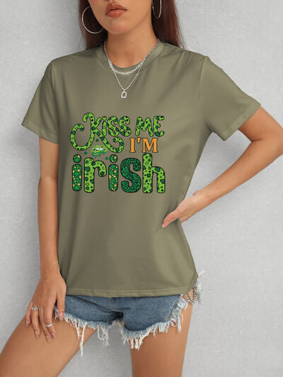 KISS ME I'M IRISH Round Neck T-Shirt Army Green Women's T-Shirts - Tophatter Daily Deals