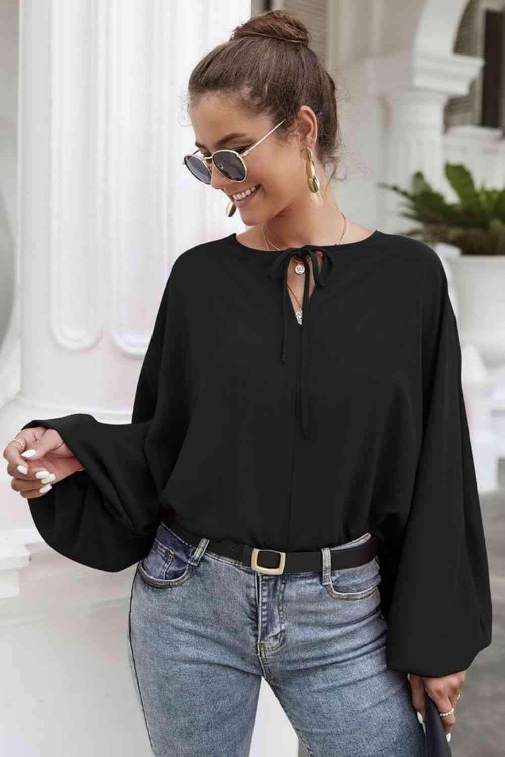 Tie Neck Balloon Sleeve Blouse Black Blouses - Tophatter Daily Deals