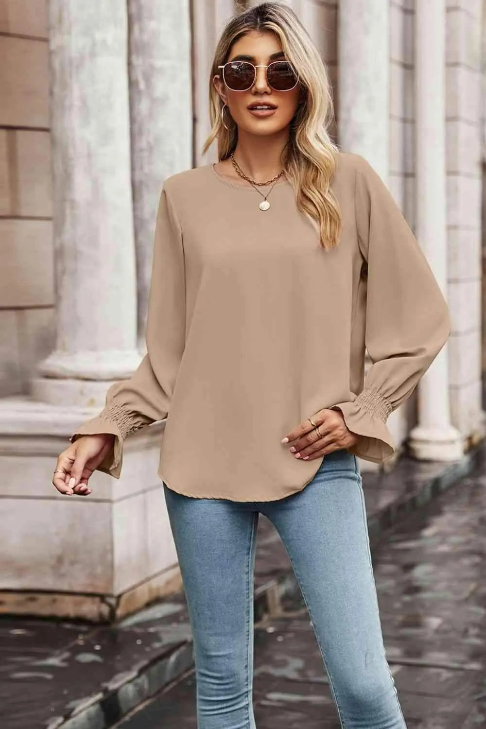 Round Neck Long Flounce Sleeve Blouse Camel Blouses - Tophatter Daily Deals
