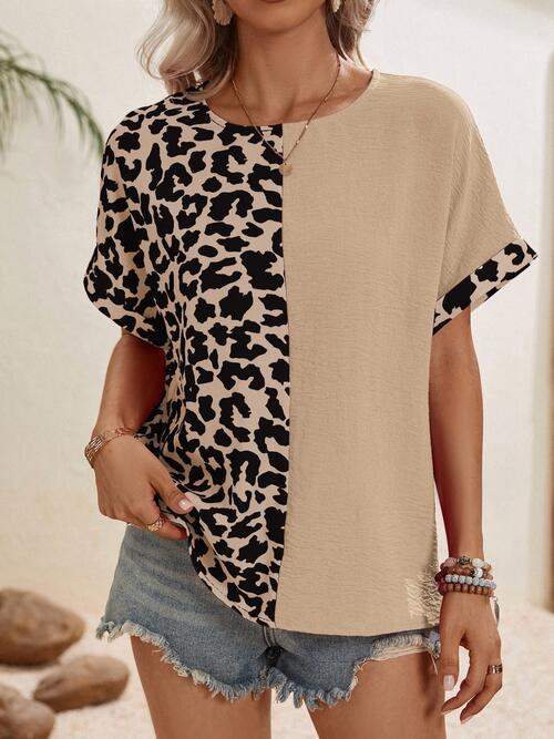 Leopard Contrast Round Neck Short Sleeve Top Blouses - Tophatter Daily Deals