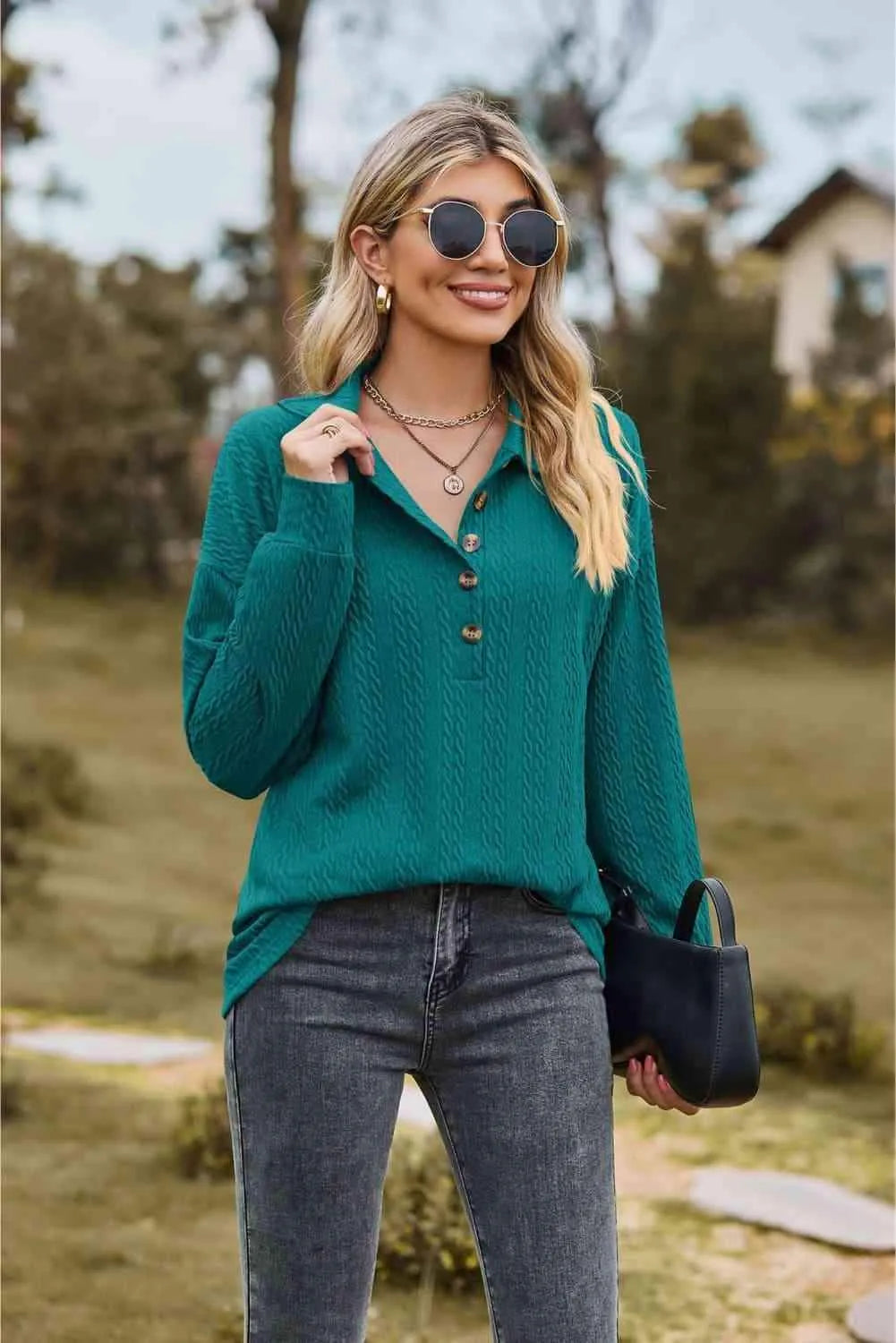 Collared Neck Long Sleeve Blouse Blouses - Tophatter Daily Deals