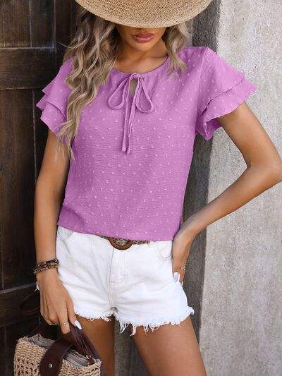 Swiss Dot Tie-Neck Flutter Sleeve Blouse Heliotrope Purple Blouses - Tophatter Daily Deals