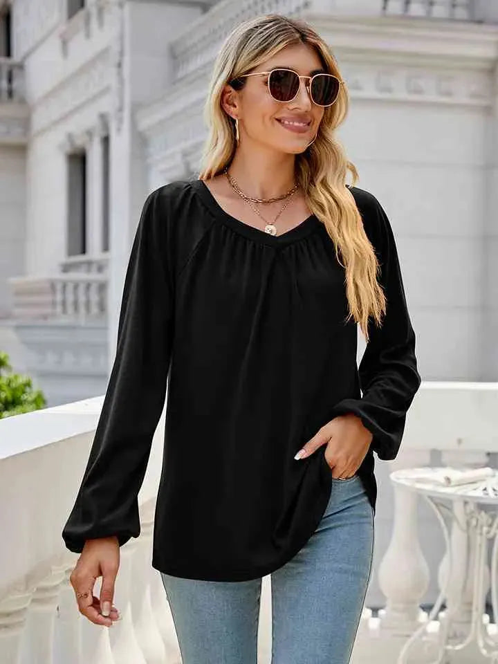 V-Neck Long Sleeve Blouse Black Blouses - Tophatter Daily Deals
