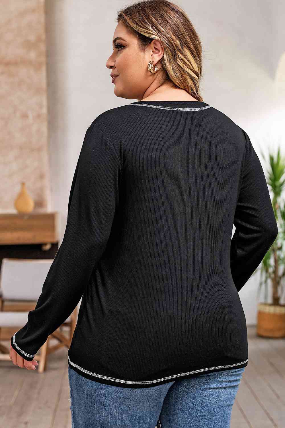 Plus Size Notched Neck Long Sleeve T-Shirt Women's T-Shirts - Tophatter Daily Deals