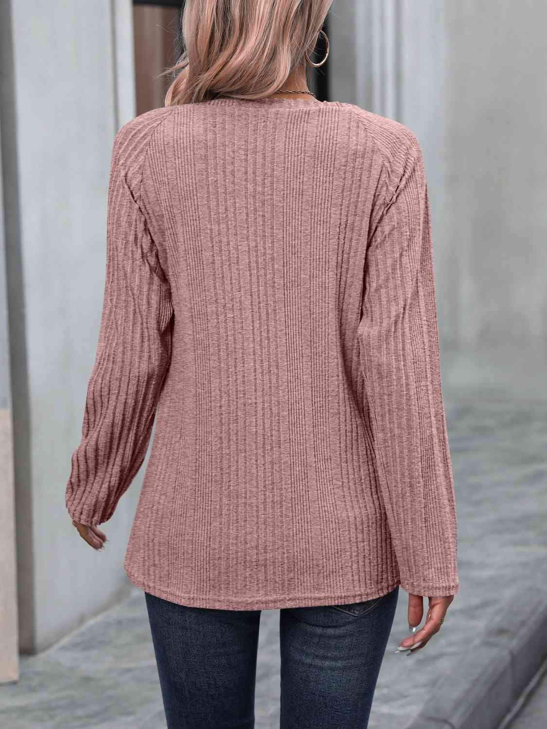 Ribbed Buttoned Round Neck Long Sleeve T-Shirt Women's T-Shirts - Tophatter Daily Deals