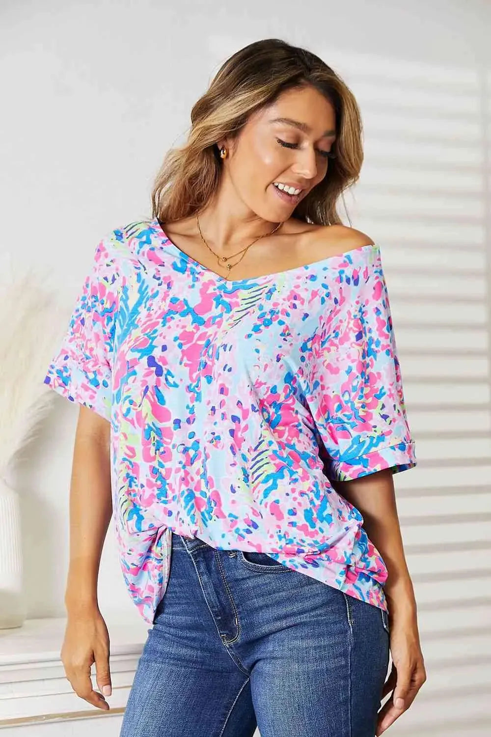 Double Take Printed V-Neck T-Shirt Women's T-Shirts - Tophatter Daily Deals