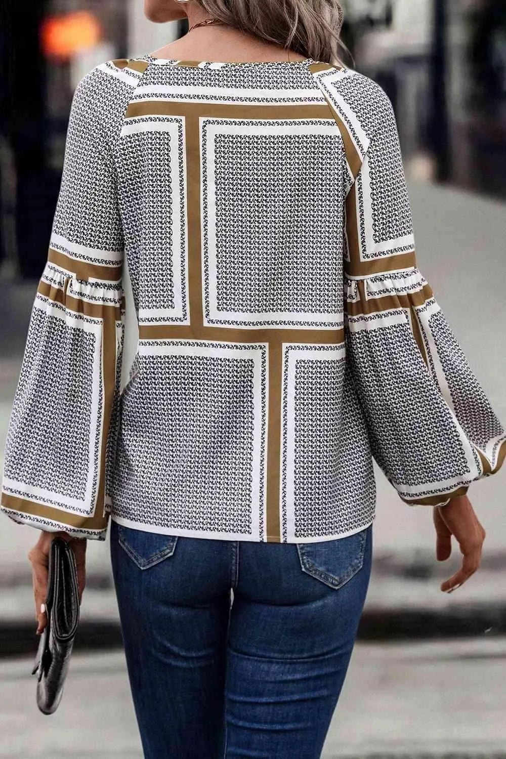 Printed Tie Neck Balloon Sleeve Blouse Blouses - Tophatter Daily Deals