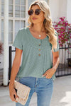 Eyelet Quarter Button Short Sleeve T-Shirt Women's T-Shirts - Tophatter Daily Deals