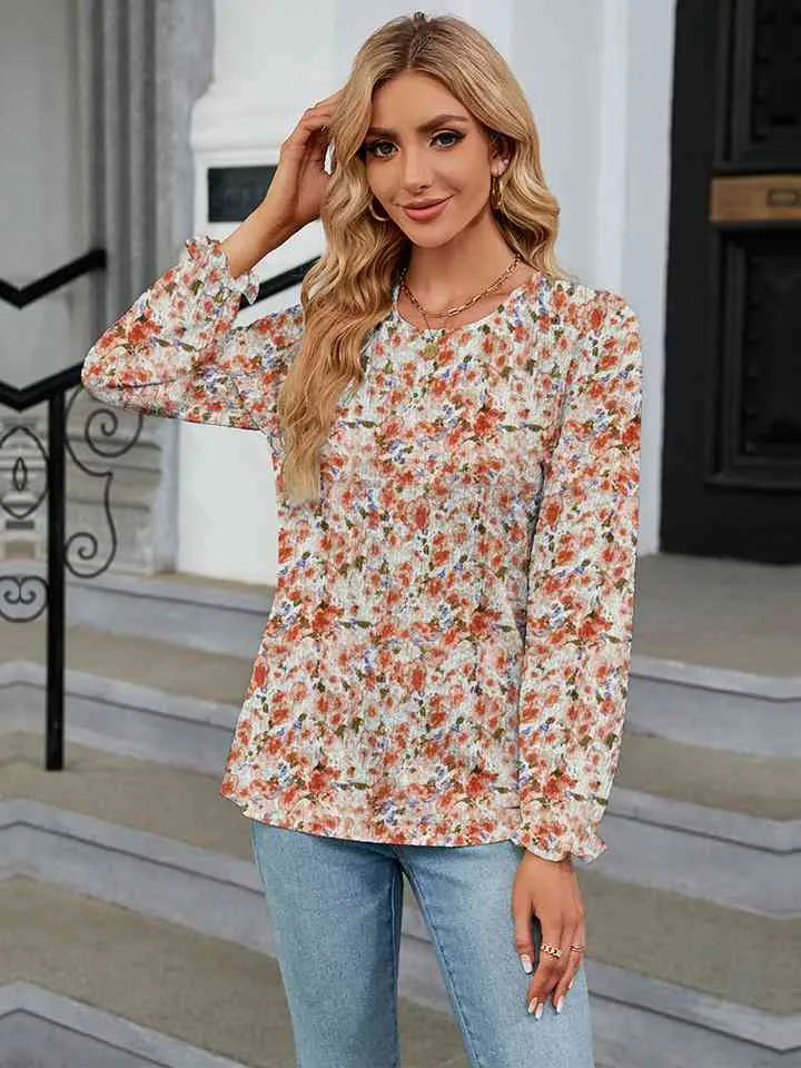 Printed Round Neck Flounce Sleeve Blouse Women's T-Shirts - Tophatter Daily Deals