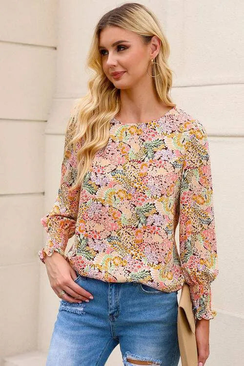 Floral Print Long Puff Sleeve Blouse Blouses - Tophatter Daily Deals