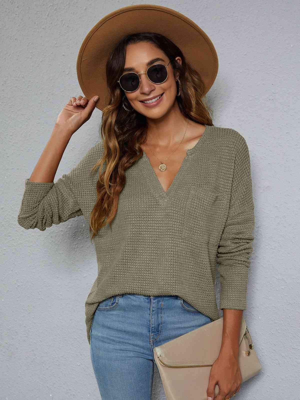 Dropped Shoulder High-Low Waffle-Knit Top Sage Blouses - Tophatter Daily Deals