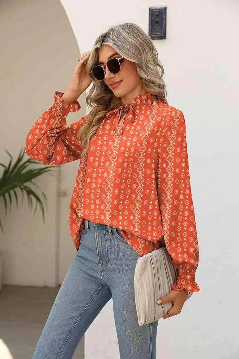 Printed Tie Neck Flounce Sleeve Blouse Blouses - Tophatter Daily Deals