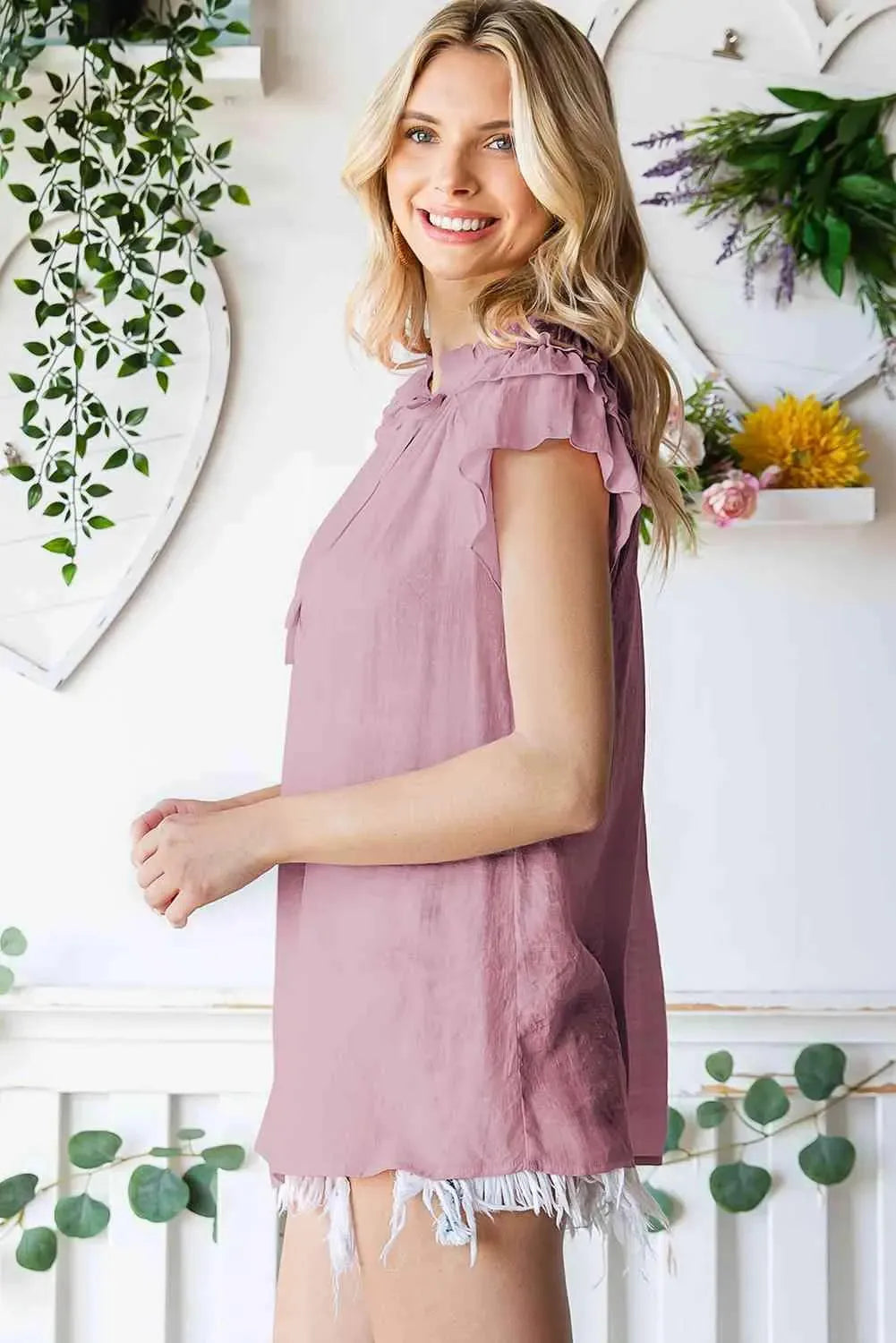 Tie-Neck Flutter Sleeve Blouse Blouses - Tophatter Daily Deals