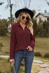 Collared Neck Cable-Knit Long Sleeve Blouse Wine Blouses - Tophatter Daily Deals