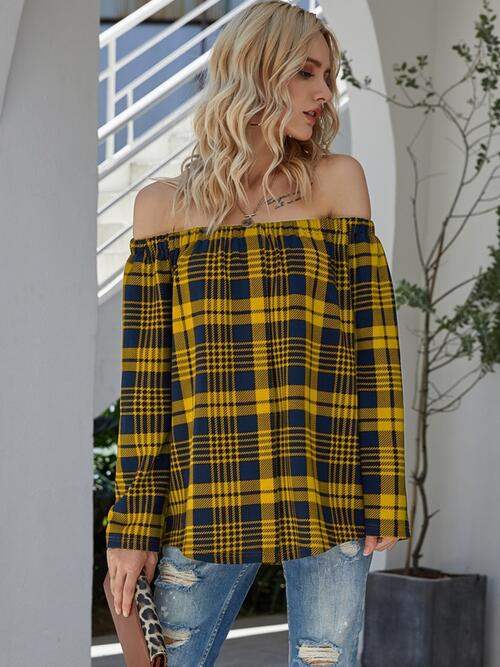 Off-Shoulder Striped Long Sleeve T-Shirt True Yellow Women's T-Shirts - Tophatter Daily Deals