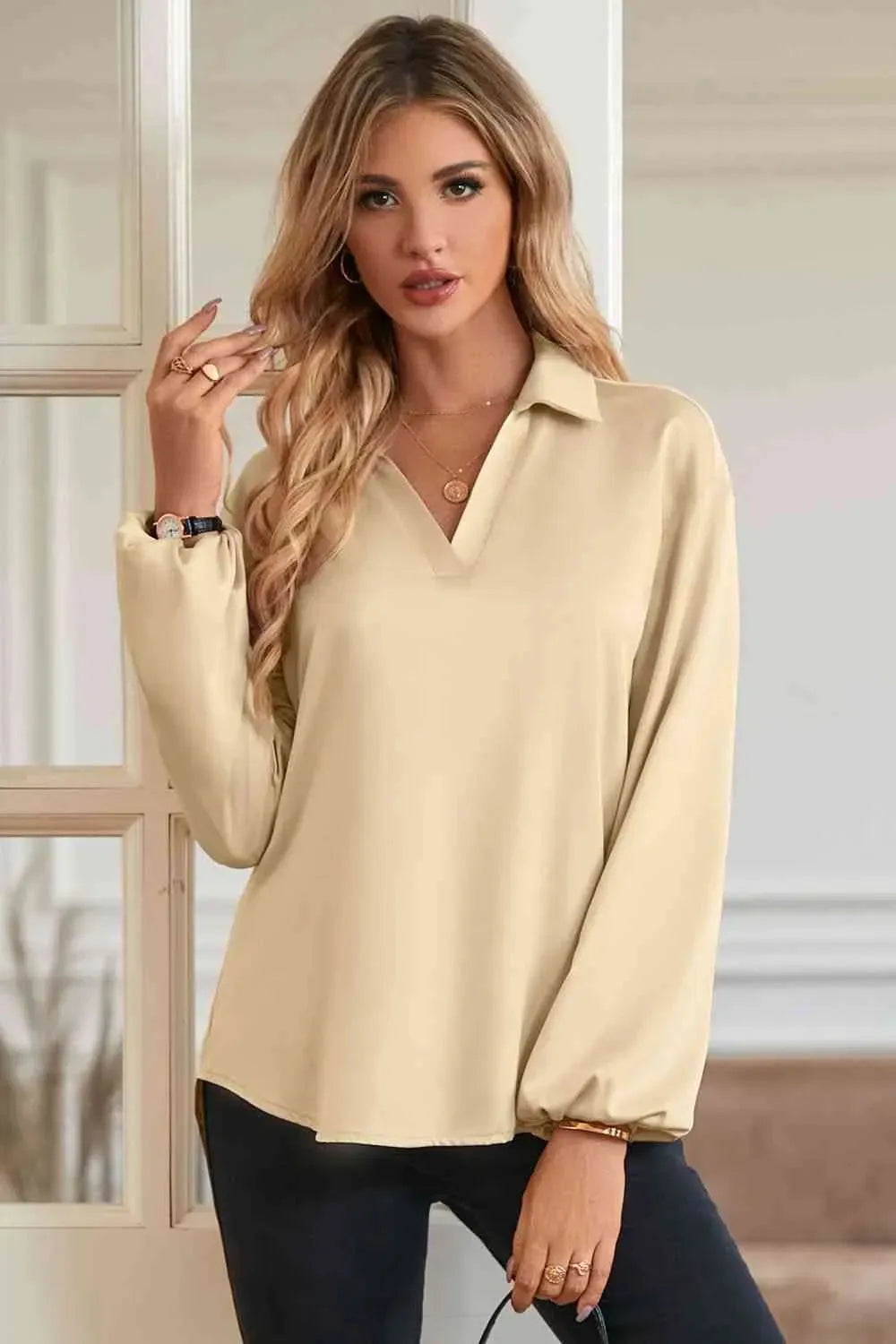 Johnny Collar Lantern Sleeve Blouse Blouses - Tophatter Daily Deals