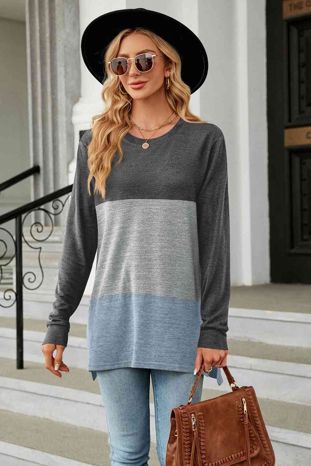 Color Block Round Neck Long Sleeve Slit T-Shirt Charcoal Women's T-Shirts - Tophatter Daily Deals