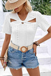 Twisted Front Short Sleeve Eyelet Blouse Blouses - Tophatter Daily Deals