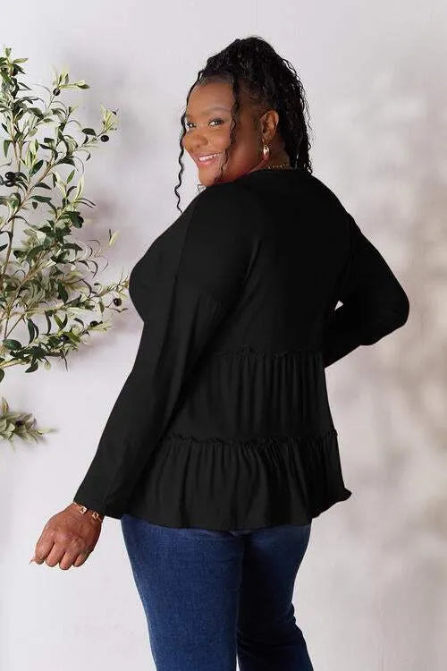 Double Take Half Button Long Sleeve Ruffle Hem Blouse Blouses - Tophatter Daily Deals