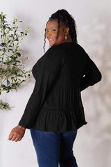 Double Take Half Button Long Sleeve Ruffle Hem Blouse Blouses - Tophatter Daily Deals