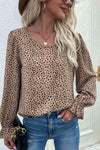 Leopard Flared Sleeve Round Neck Blouse Khaki Blouses - Tophatter Daily Deals