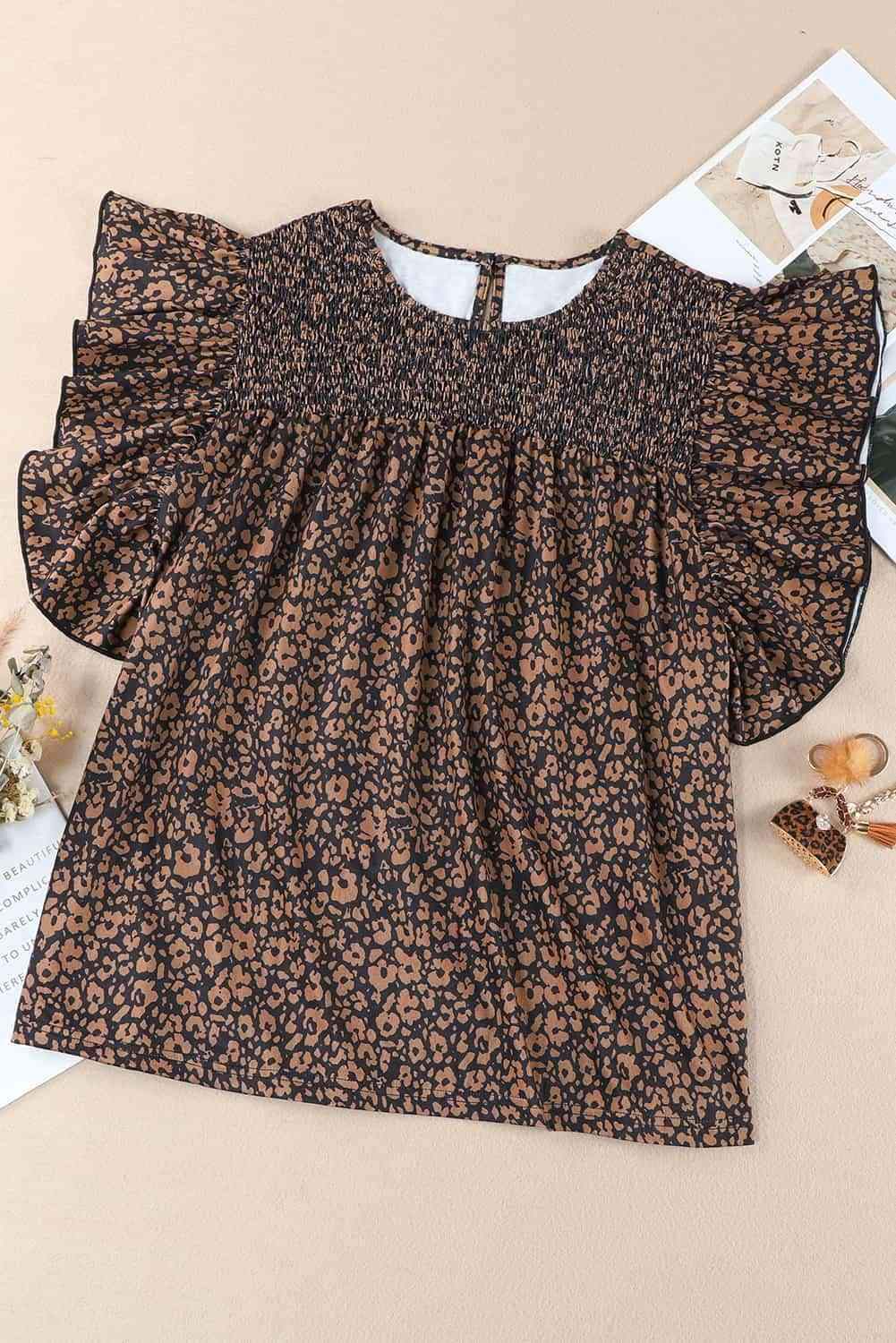 Plus Size Printed Smocked Butterfly Sleeve Blouse Blouses - Tophatter Daily Deals