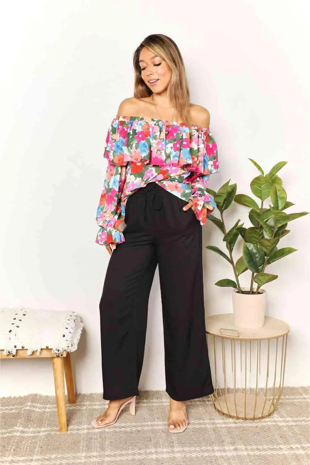 Double Take Floral Off-Shoulder Flounce Sleeve Layered Blouse Blouses - Tophatter Daily Deals