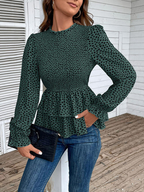 Printed Round Neck Smocked Flounce Sleeve T-Shirt - Tophatter Deals