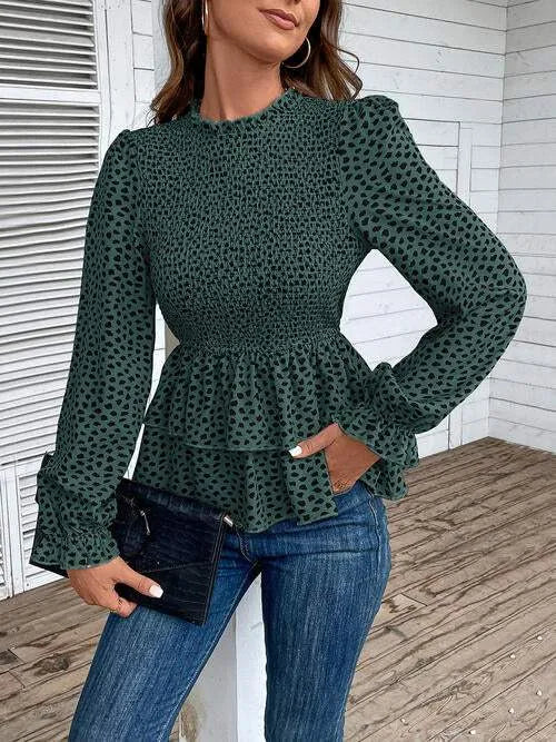 Printed Round Neck Smocked Flounce Sleeve T-Shirt Blouses - Tophatter Daily Deals