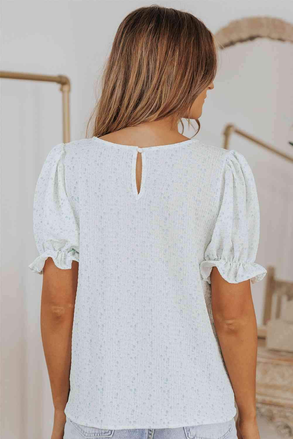 Printed Round Neck Half Flounce Sleeve Top Blouses - Tophatter Daily Deals