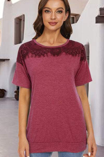 Lace Detail Round Neck Short Sleeve T-Shirt Cerise Women's T-Shirts - Tophatter Daily Deals