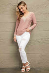 Double Take Contrast V-Neck Eyelet Long Sleeve Top Blouses - Tophatter Daily Deals