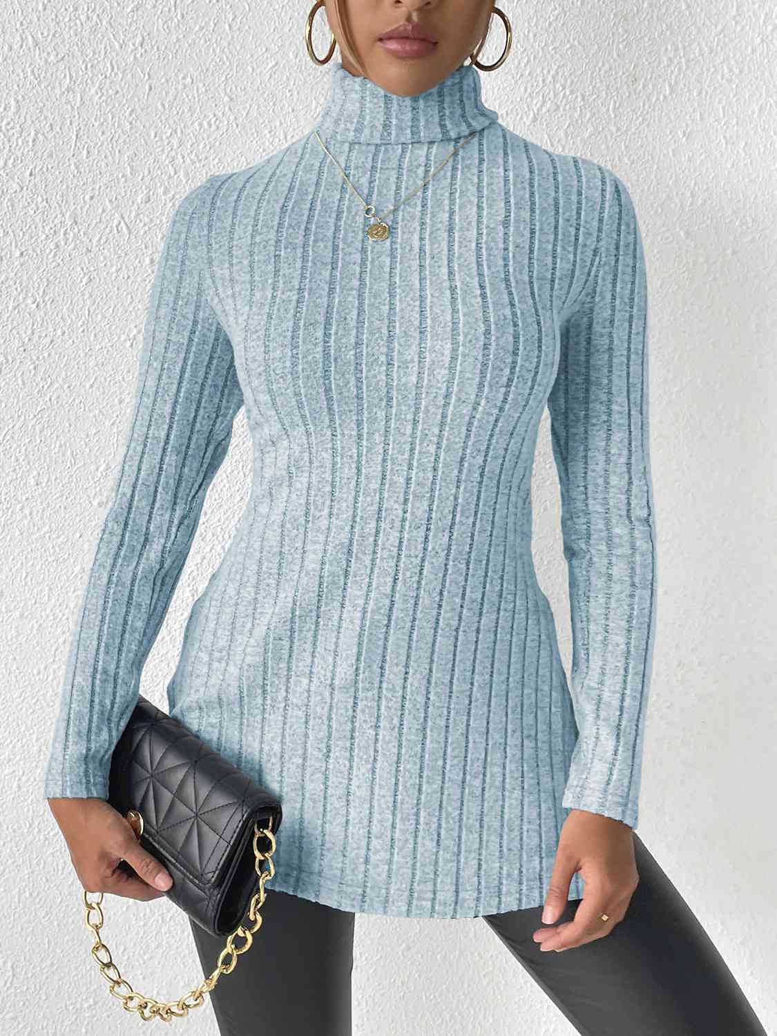 Ribbed Turtleneck Long Sleeve Slit T-Shirt Pastel Blue Women's T-Shirts - Tophatter Daily Deals