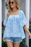 Applique Puff Sleeve Square Neck Blouse Blue Blouses - Tophatter Daily Deals