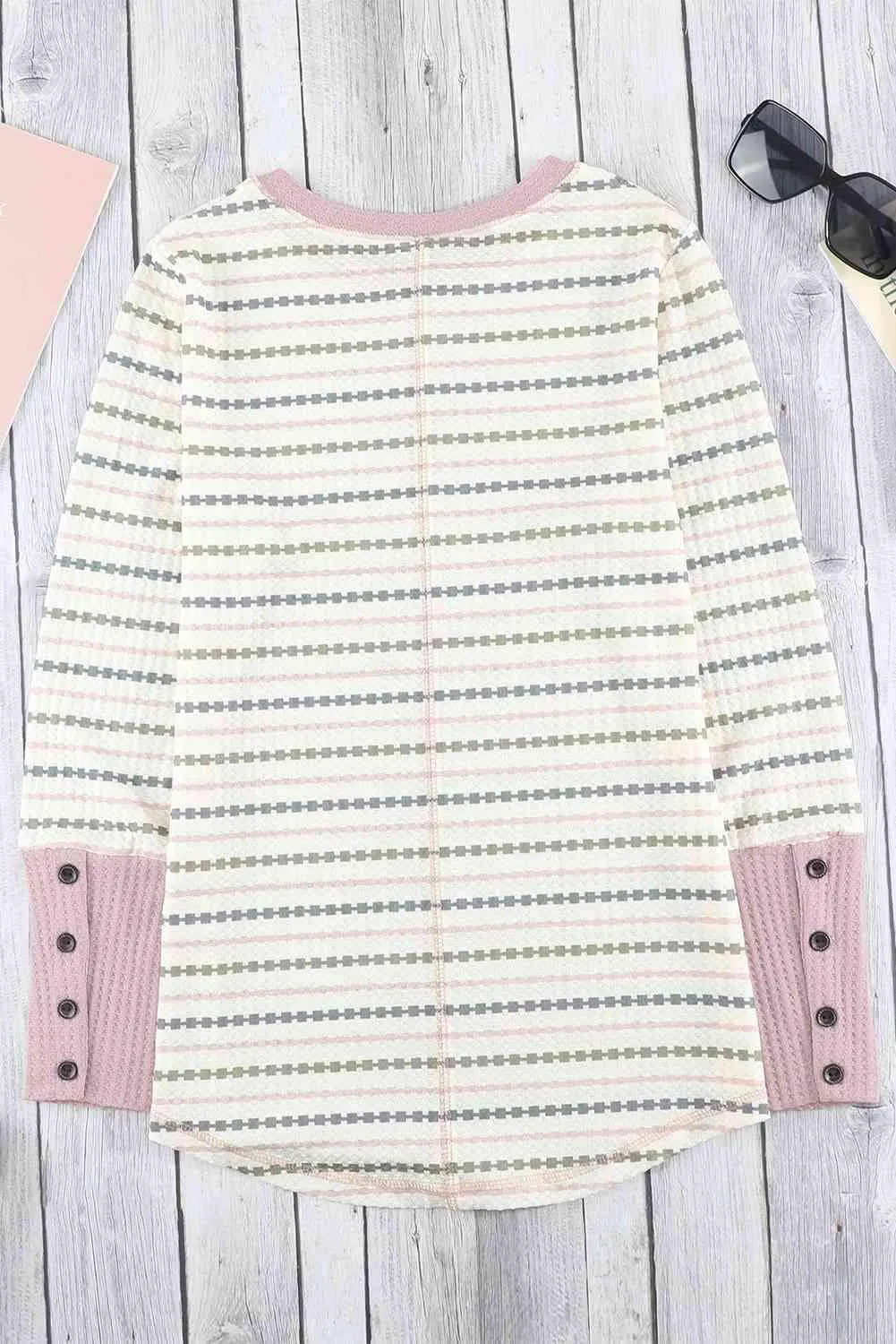 Printed Waffle-Knit Buttoned Cuff Top Blouses - Tophatter Daily Deals