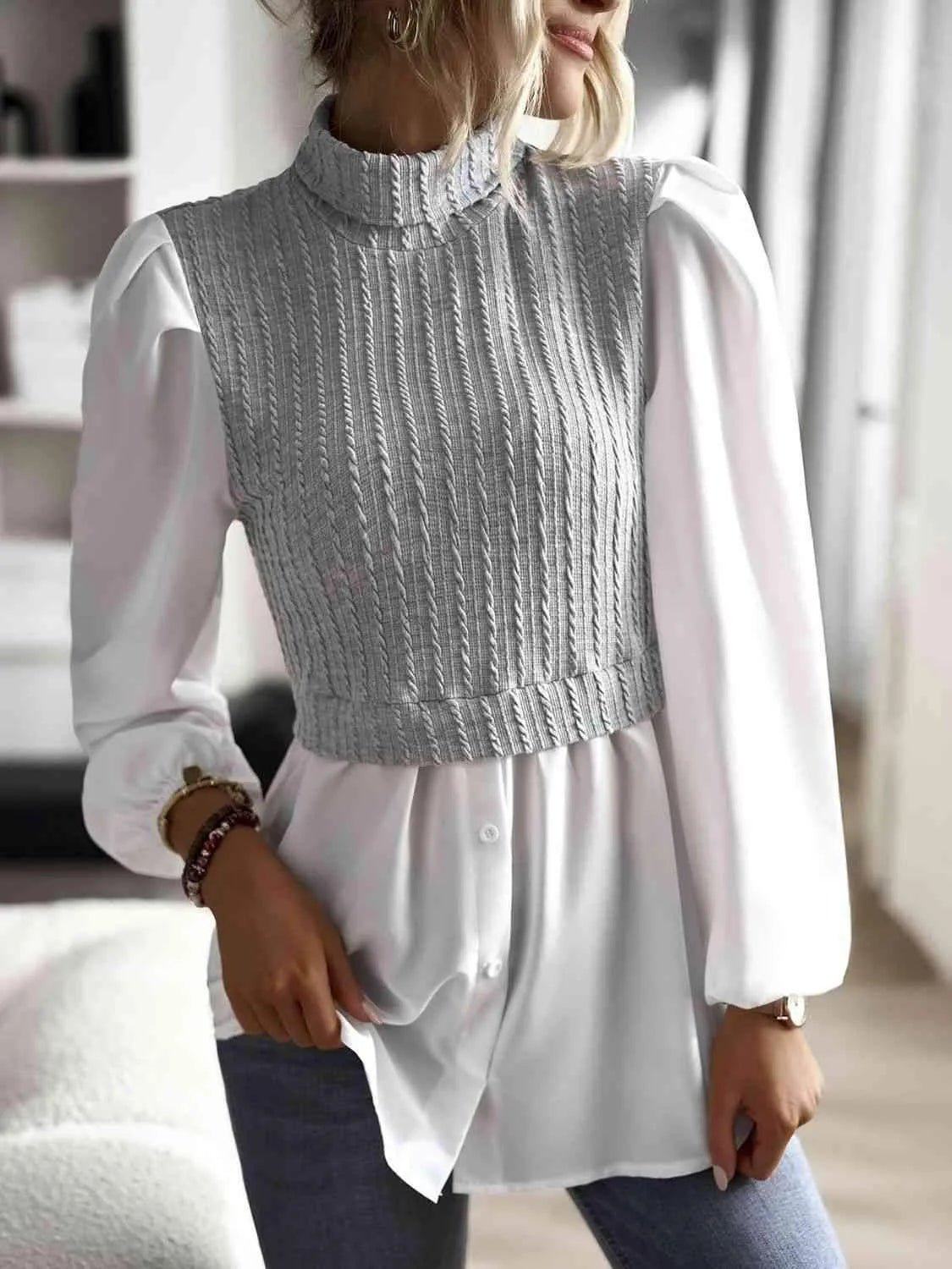 Contrast Cable-Knit Mock Neck Top Blouses - Tophatter Daily Deals