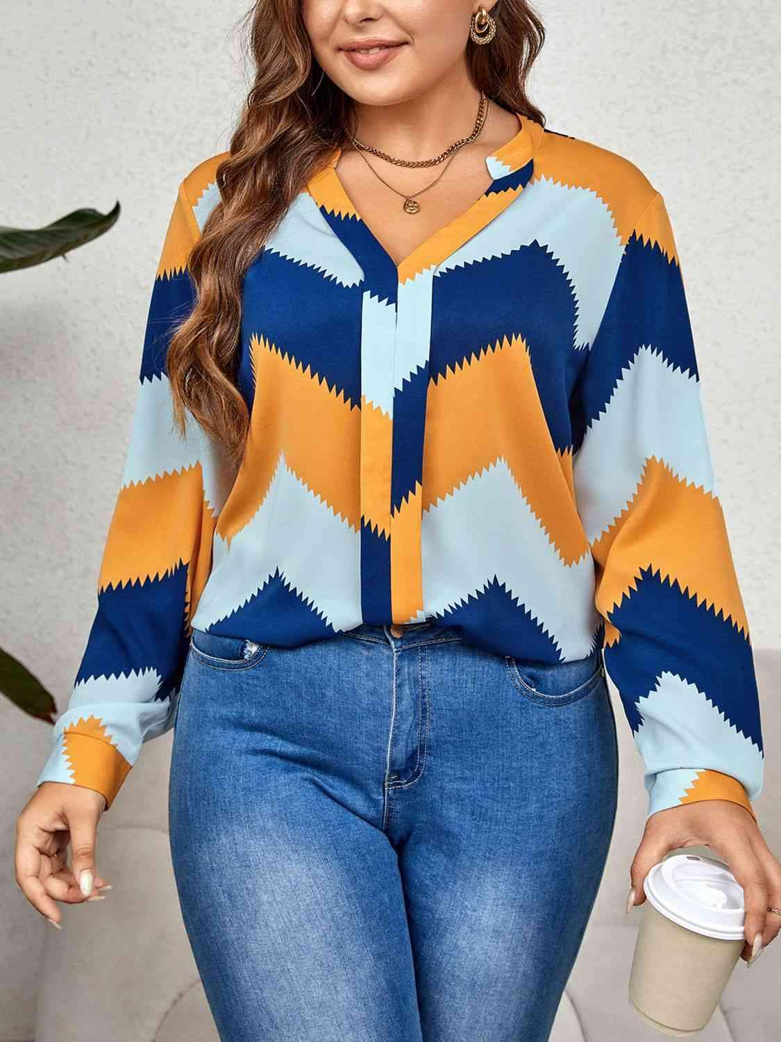 Plus Size Printed Notched Neck Long Sleeve Blouse Multicolor Blouses - Tophatter Daily Deals