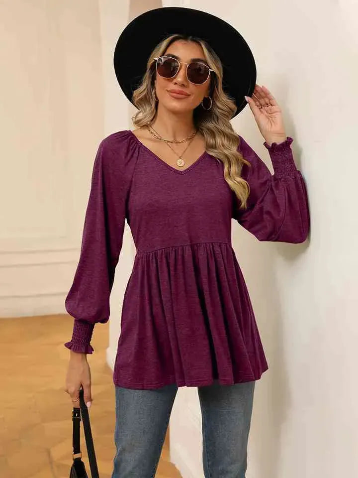 V-Neck Lantern Sleeve Blouse Wine Blouses - Tophatter Daily Deals
