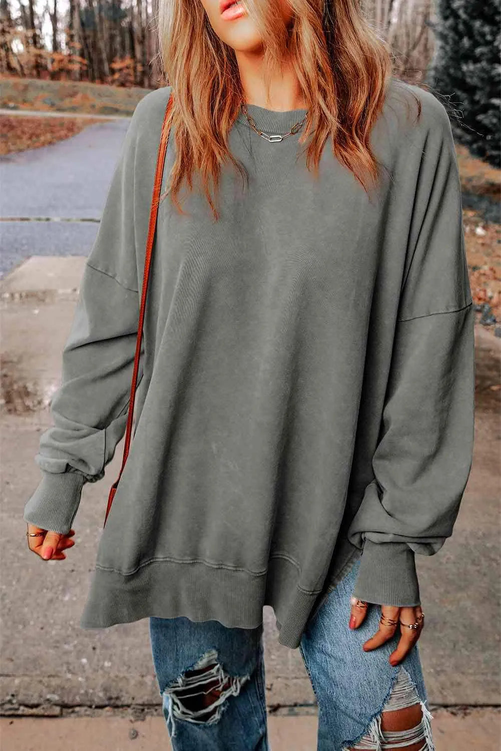 Dropped Shoulder Round Neck Long Sleeve Blouse Heather Gray Blouses - Tophatter Daily Deals