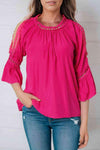 Cutout Long Sleeve Round Neck Blouse Deep Rose Blouses - Tophatter Daily Deals