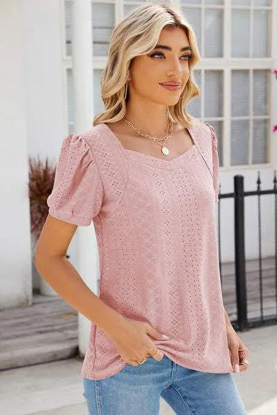 Eyelet Puff Sleeve T-Shirt Women's T-Shirts - Tophatter Daily Deals