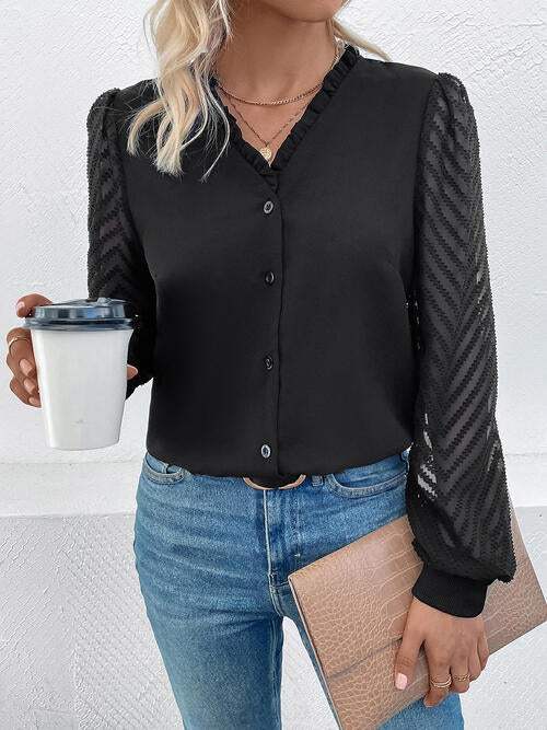 Mesh V-Neck Button Front Blouse Blouses - Tophatter Daily Deals