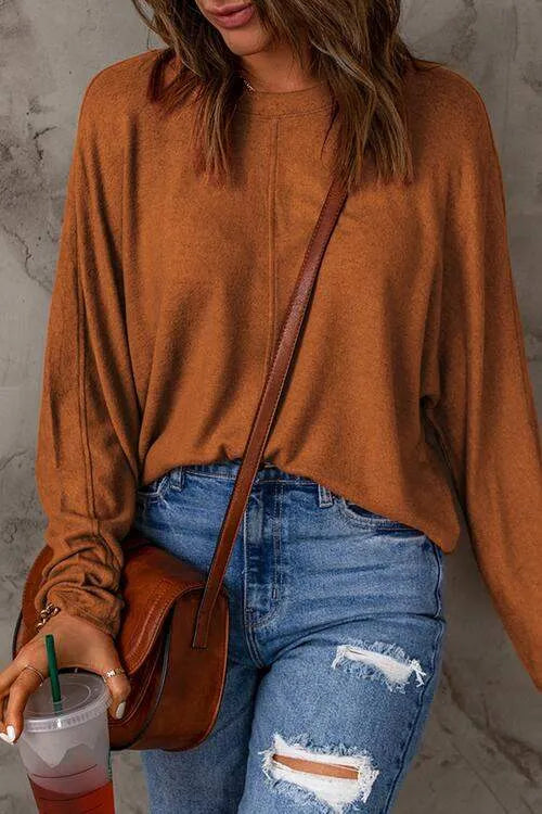 Seam Detail Round Neck Long Sleeve Top Women's T-Shirts - Tophatter Daily Deals