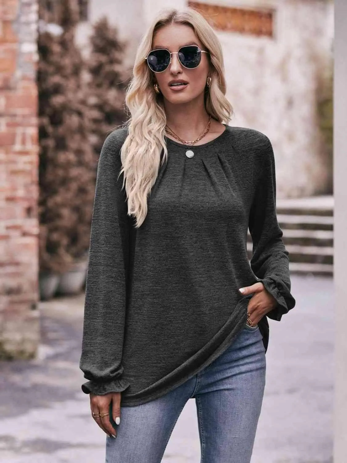 Double Take Long Flounce Sleeve Round Neck Blouse Charcoal Blouses - Tophatter Daily Deals