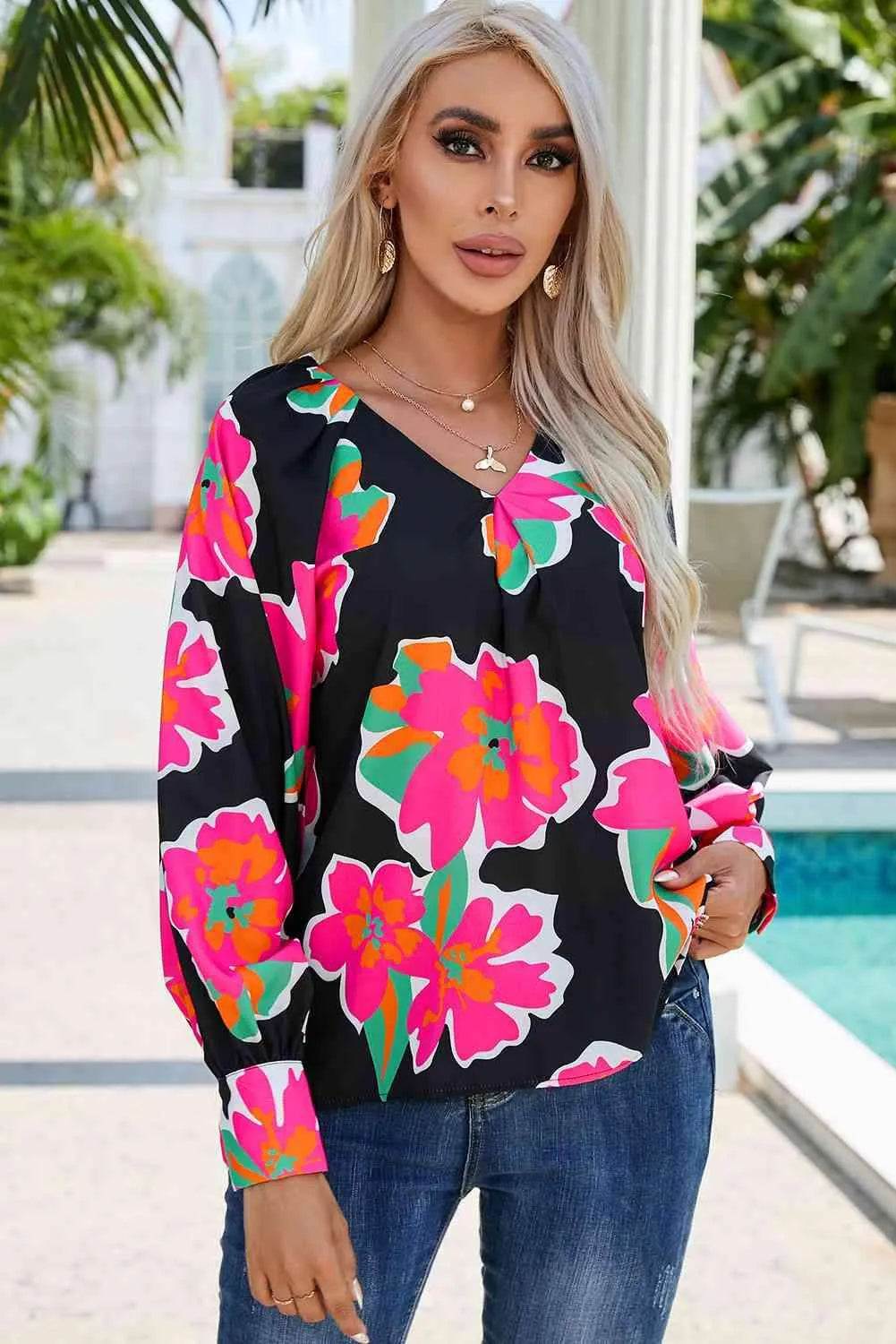 Floral V-Neck Long Sleeve Blouse Blouses - Tophatter Daily Deals