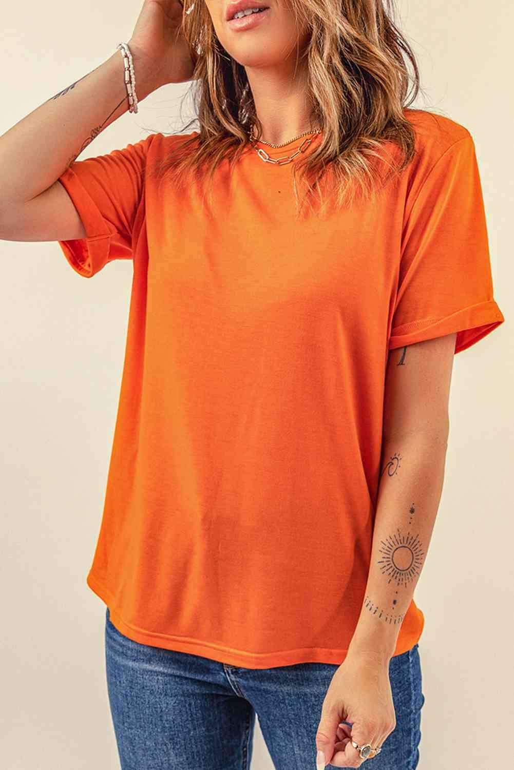 Round Neck Cuffed Short Sleeve Tee Women's T-Shirts - Tophatter Daily Deals