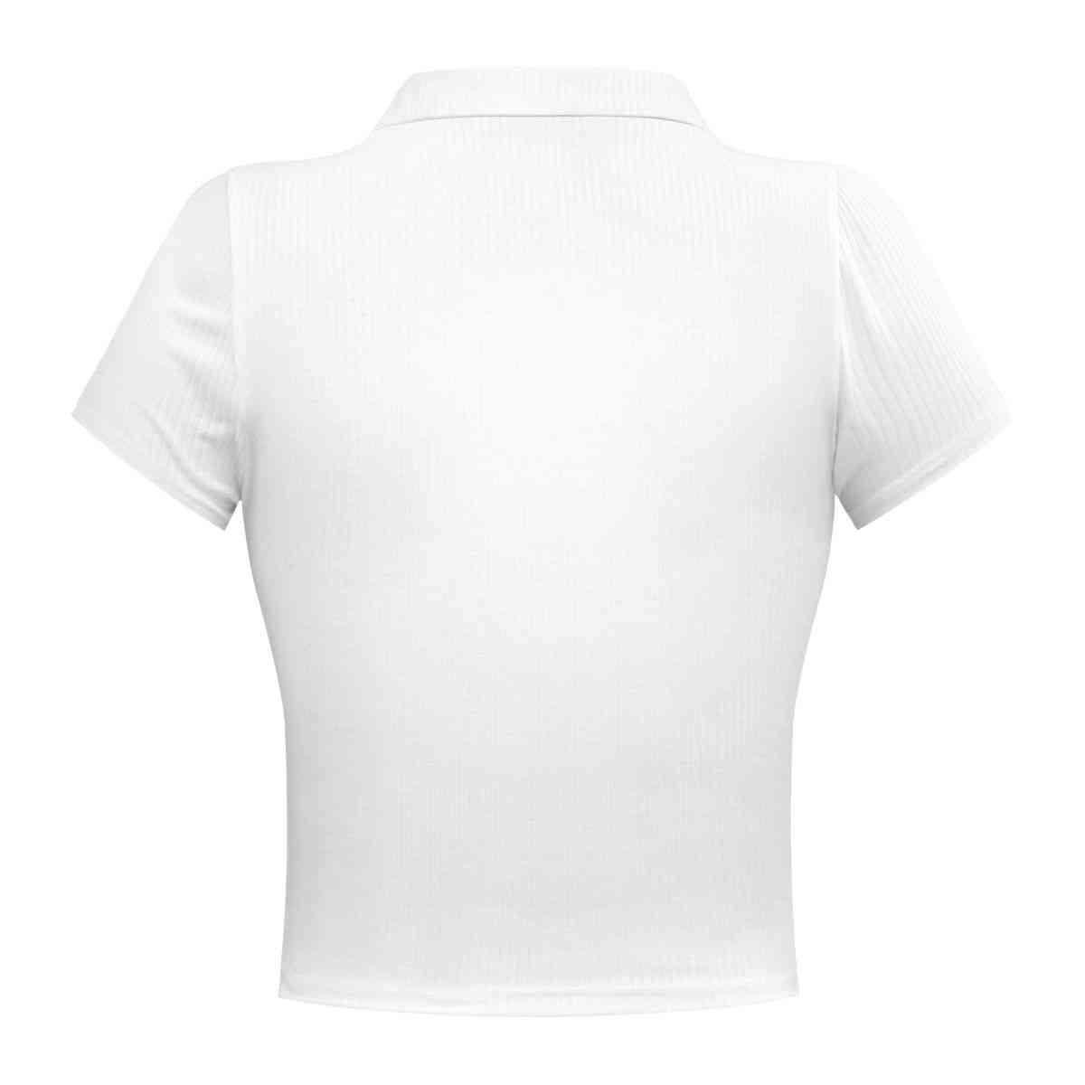 Buttoned Johnny Collar Short Sleeve Top Women's T-Shirts - Tophatter Daily Deals