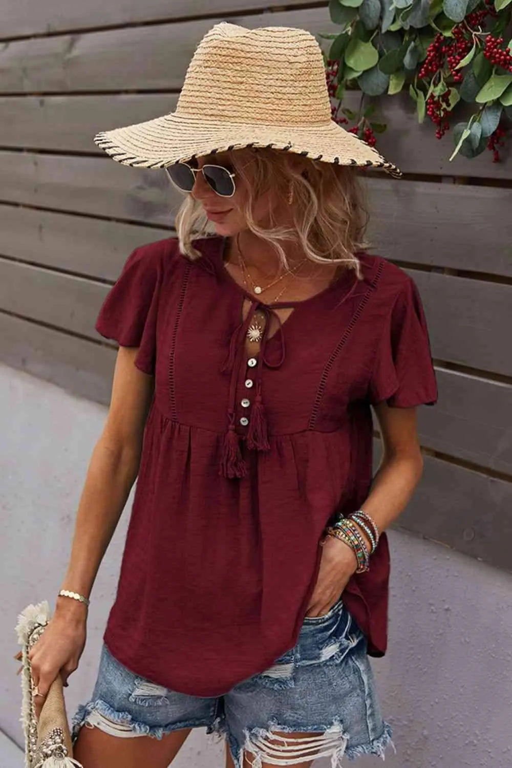 Tie Neck Flutter Sleeve Babydoll Top Blouses - Tophatter Daily Deals