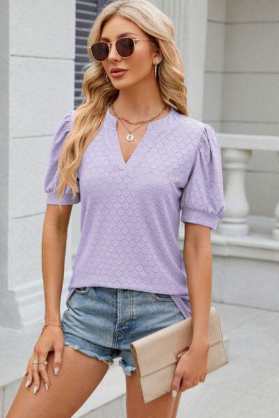 Eyelet Notched Puff Sleeve T-Shirt Women's T-Shirts - Tophatter Daily Deals