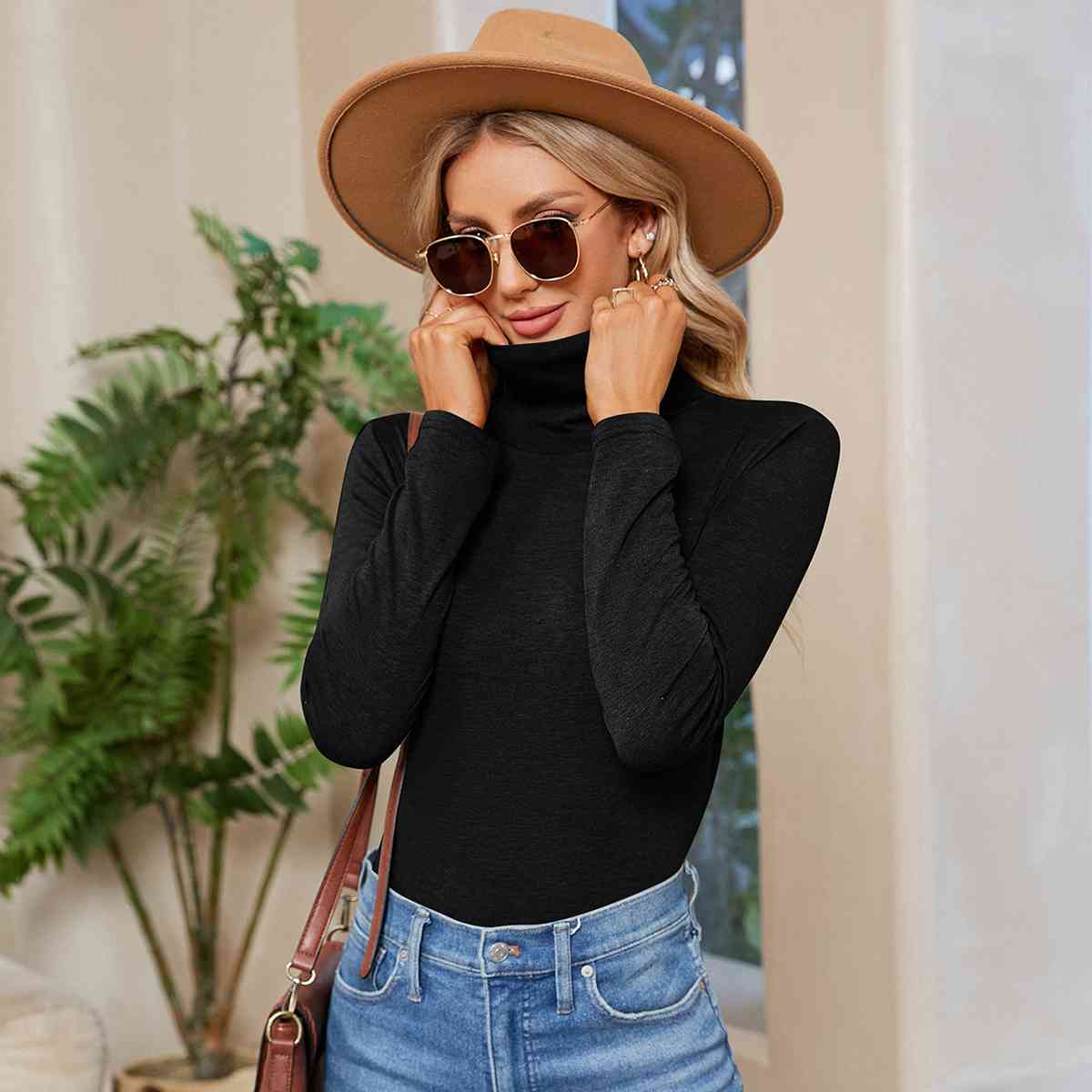 Turtleneck Long Sleeve T-Shirt Black Women's T-Shirts - Tophatter Daily Deals